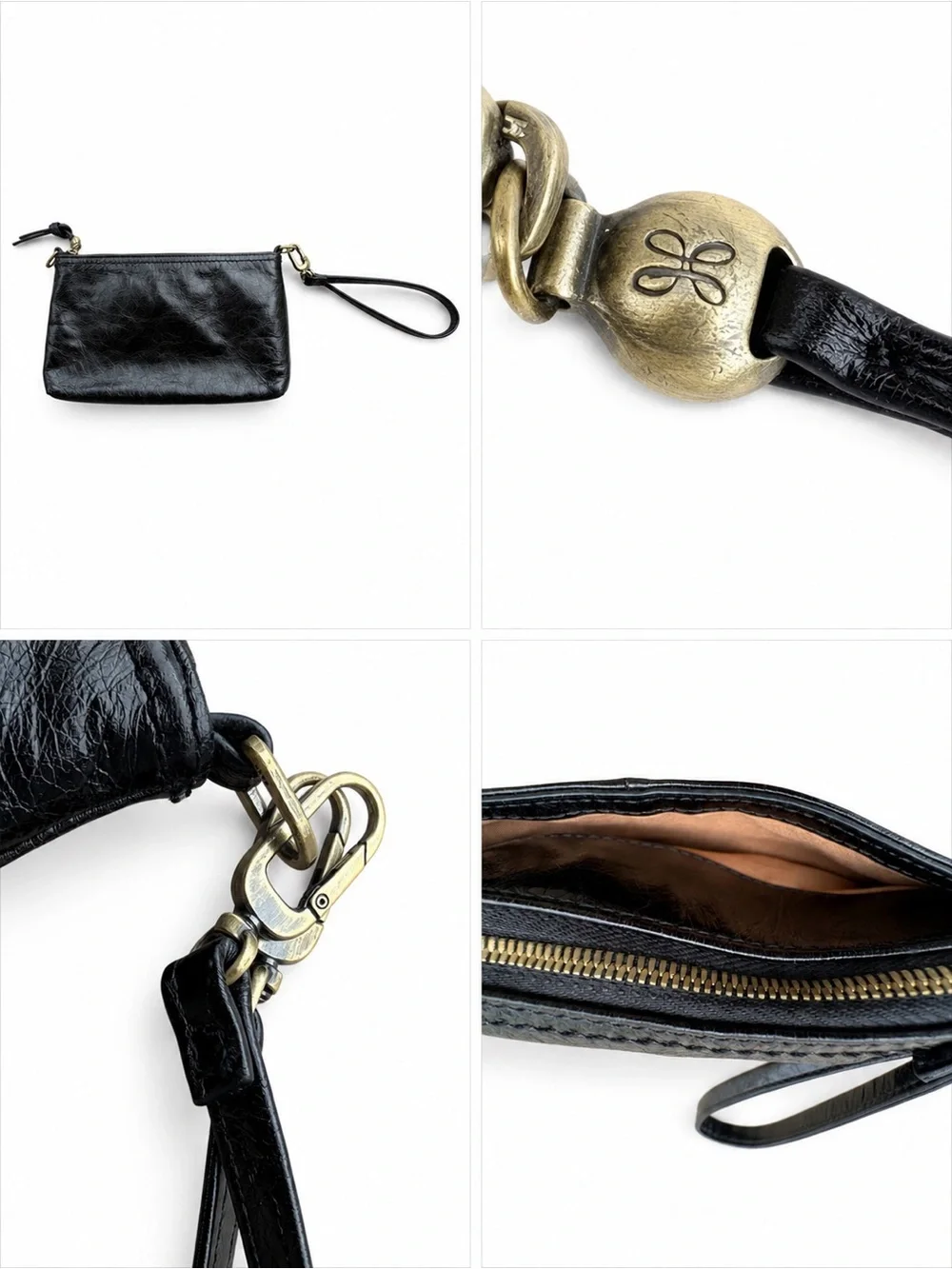 HOBO Black Leather Wristlet Clutch Zip Pouch Brass Hardware Removable Strap